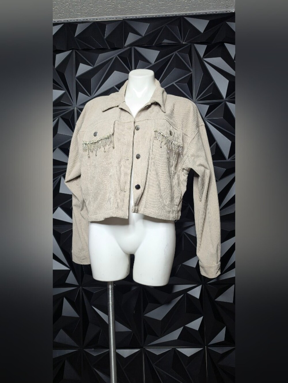Cropped Beige Corduroy Jean Jacket with Rhinestone Fringe